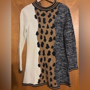 Colorblock Leopard Knit Sweater Dress - Cream, Camel & Black